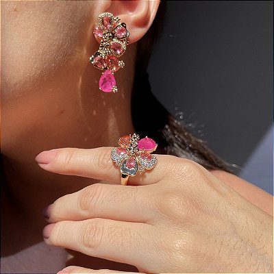 Conjunto Flores Safira Rosa e Pink Fusion Banhado a Ouro - Aro 17