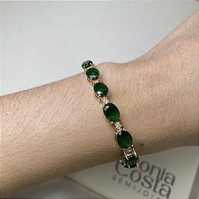 Pulseira Riviera Oval Verde Esmeralda Banhado a Ouro