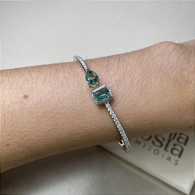 Pulseira Bracelete Turmalina Banhado a Ródio Branco