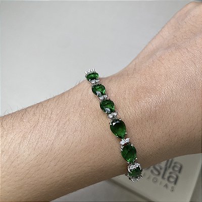 Pulseira Riviera Gotas Verde Esmeralda Banhado a Ródio Branco