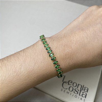 Pulseira Riviera Navetes Verde Esmeralda Banhado a Ouro