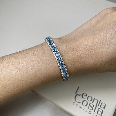 Pulseira Riviera Square Azul Banhado a Ródio Branco