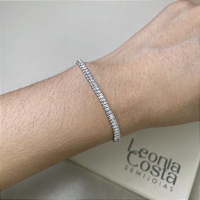 Pulseira Riviera Baguetes 3mm Banhado a Ródio Branco