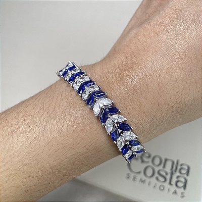 Pulseira Riviera Navetes Safira Azul Banhado a Ródio Branco