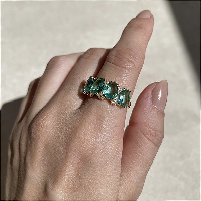 Anel Meia Aliança Gotas Turmalina Banhado a Ouro - Aro Regulável