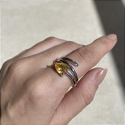 Anel Três Voltas Gota Yellow Banhado a Ródio Branco - Aro Regulável