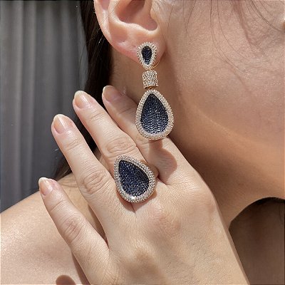 Conjunto Gota Cristal e Safira Azul Cravejado Banhado a Ouro - Aro 18
