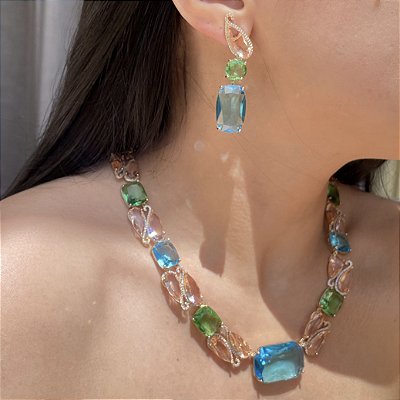 Conjunto Luxo Retangular Colors Banhado a Ouro