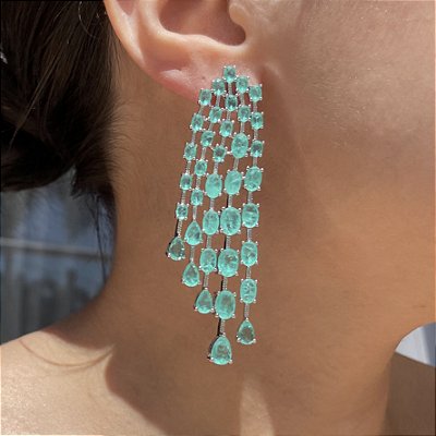 Brinco Maxi Franja Oval Turmalina Fusion Banhado a Ródio Branco