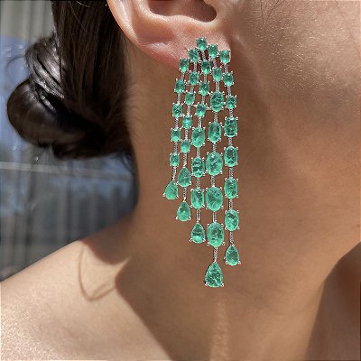 Brinco Maxi Franja Oval Verde Esmeralda Fusion Banhado a Ródio Branco