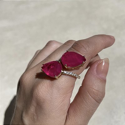 Anel Duas Gotas Turmalina Rosa Fusion Banhado a Ouro - Aro Regulável