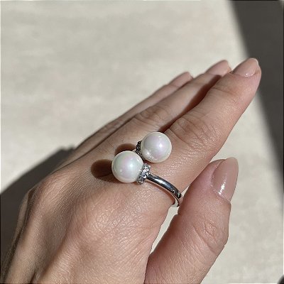 Anel Duplo Pérola Shell Banhado a Ródio Branco - Aro Regulável