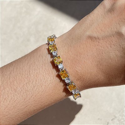 Pulseira Riviera Square Citrino Banhado a Ródio Branco