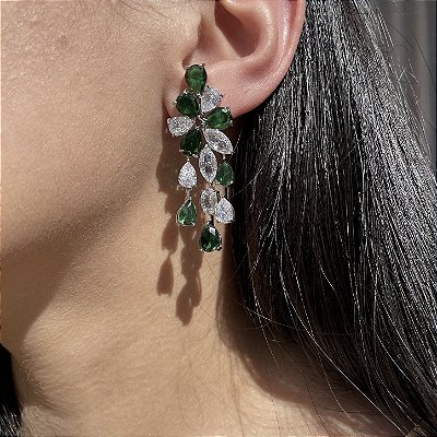 Brinco Gotas Esmeralda Verde e Cristal Banhado a Ródio Branco