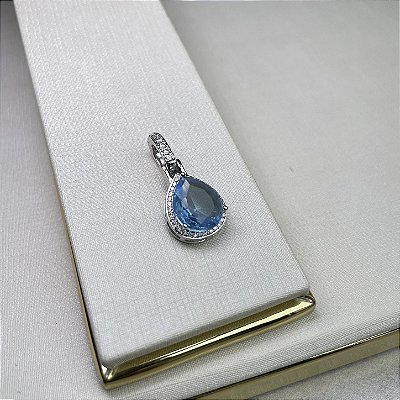 Pingente Avulso Gota Azul Banhado a Ródio Branco