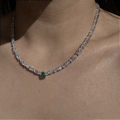 Colar Riviera Luxo Gota Verde Esmeralda Fusion Banhado a Ródio Branco