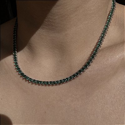 Colar Riviera 3mm Verde Esmeralda Banhado a Ródio Branco - 40cm