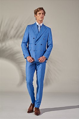 Terno transpassado com duas aberturas e peak lapel, Super Slim Fit - Cor: Azul Médio