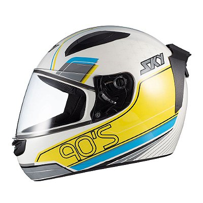 Capacete Sky Two Anos 90 Branco Brilh Transf Azul/amarelo 56