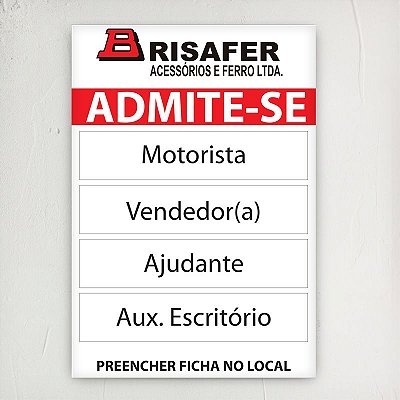 Placa admite-se em chapa galvanizada 40x60 cm personalizada - acompanha 3 mantas magnéticas de cargo