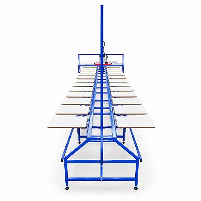 Mesa corrida com 30 berços, carrinho e flash cure para serigrafia têxtil