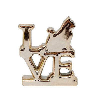 Palavra Decorativa Love Cat 10x8x2cm em Porcelana Dourado