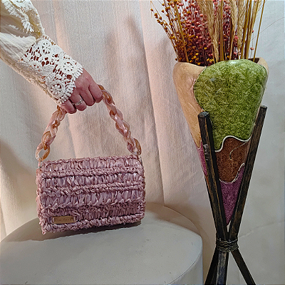 Bolsa Estojo de Cetim com corrente - Rosa Chá