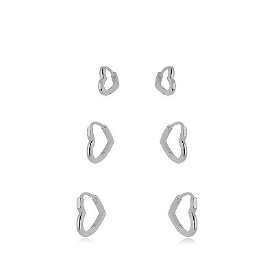 BRINCO SEMIJOIA TRIO ARGOLA CORACAO LISO CONFECCIONADO EM BANHO DE RÓDIO