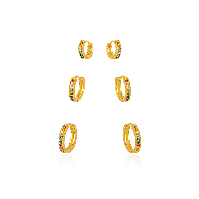 BRINCO SEMIJOIA TRIO ARGOLA MICRO ZIRCONIA COLOR CONFECCIONADO EM BANHO DE OURO 18K