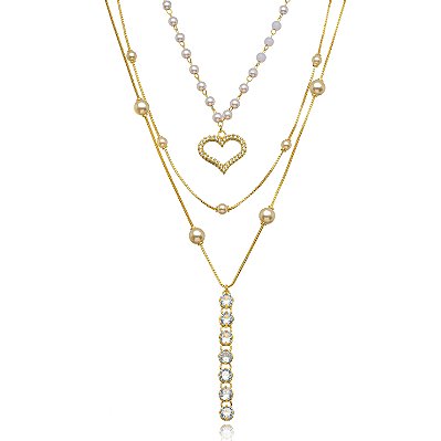 COLAR SEMIJOIA TRIO MIX CONFECCIONADO EM BANHO DE OURO 18K