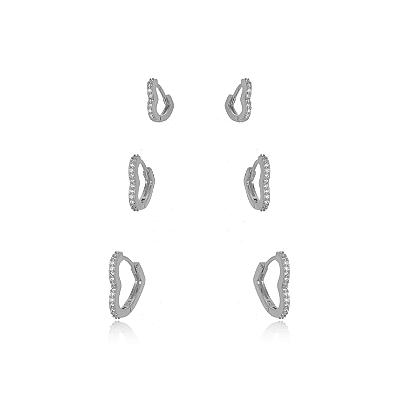 BRINCO SEMIJOIA TRIO ARGOLA CORACÃO MICRO ZIRCONIA CONFECCIONADO EM BANHO DE RÓDIO