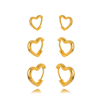 BRINCO SEMIJOIA TRIO ARGOLA CORACAO LISO CCONFECCIONADO EM BANHO DE OURO 18K