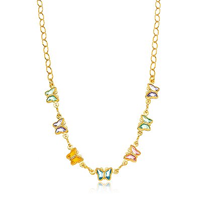 COLAR SEMIJOIAS BORBOLETA CRISTAIS COLOR CONFECCIONADO EM BANHO DE OURO 18K