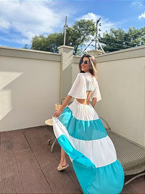 SAÍDA LONGA BICOLOR TURQUESA E OFF WHITE