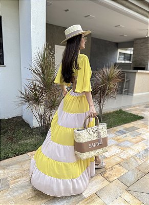 SAÍDA LONGA MUSSELINE BICOLOR AMARELO E NUDE