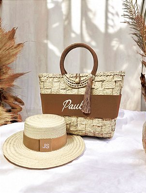 KIT BOLSA DE PALHA + CHAPÉU DE PALHA PARIS ABA MÉDIA COM FAIXAS CARAMELLO