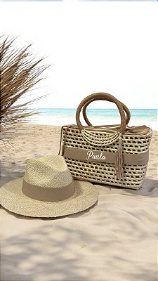 KIT BOLSA DE PALHA + CHAPÉU DE PALHA PANAMÁ PALHA NOBRE FAIXA COR FENDI