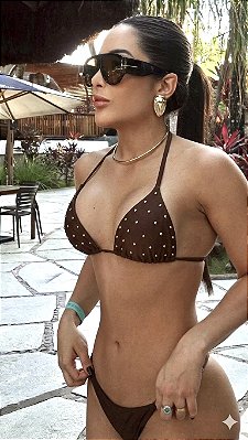 BIQUÍNI CORTININHA MARROM COM DETALHES EM DOURADO