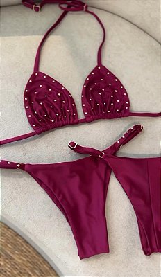 BIQUÍNI VINHO BORDO CORTININHA COM DETALHES EM DOURADO - PRE VENDA