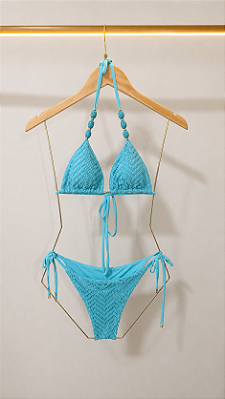 BIQUÍNI CORTININHA DE RENDA PEDRARIA AZUL TURQUESA