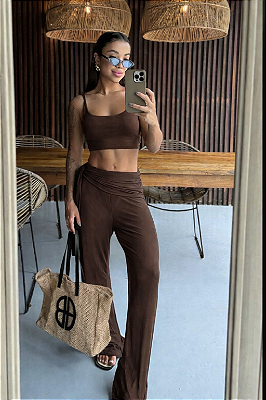 CALÇA TULE COM LENÇO MARROM