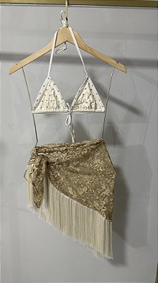 SAIA LENÇO DE RENDA DOURADA COM FRANJA OFF WHITE