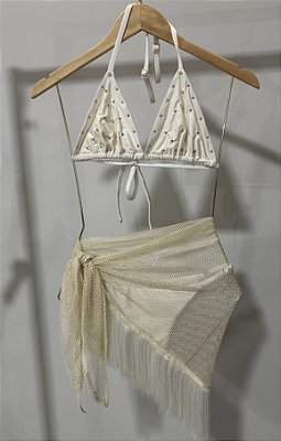 SAIA LENÇO DE RENDA DOURADA COM FRANJA OFF WHITE