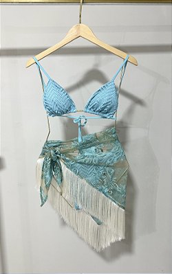 SAIA LENÇO DE RENDA TURQUESA COM FRANJA