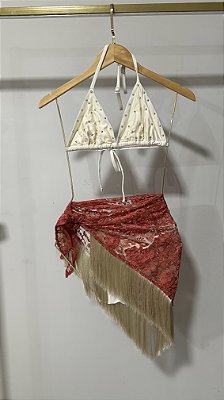 SAIA LENÇO DE RENDA CORAL COM FRANJA