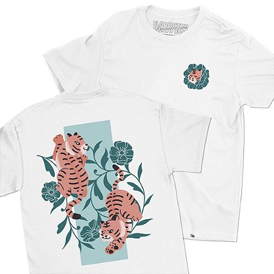 Tigres Rosas - FRENTE e COSTAS - Camiseta Basicona Unissex
