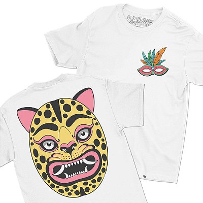 Onça e Máscara de Carnaval - FRENTE e COSTAS - Camiseta Basicona Unissex