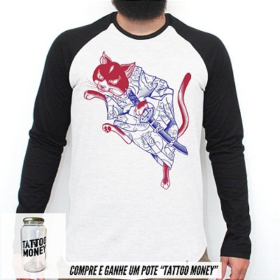 Gato Samurai - Camiseta Raglan Manga Longa Masculina