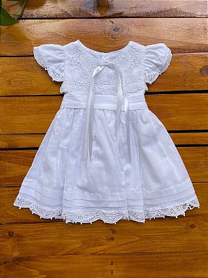 Vestido batizado branco renda renascença barrinha batizado