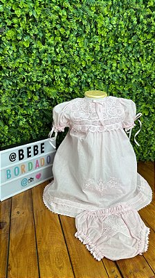 Vestido Cambraia de Algodão e Renascença Rosa Bebê